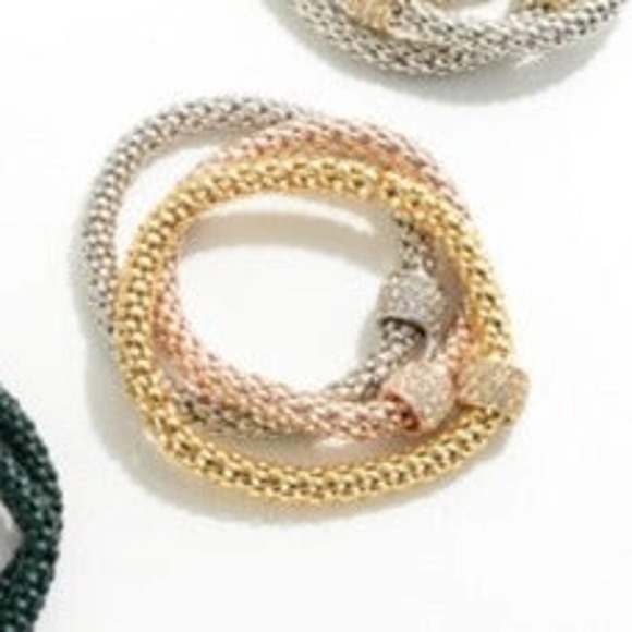Metal Mesh Stretch Bracelets Crystal Accents Multi Colored Set of 3 - Picture 2 of 3